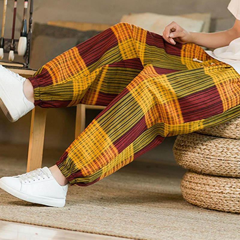 Pantalon sarouel d'été en coton et lin à carreaux et rayures Buddha Stones pour homme avec poches - image 26