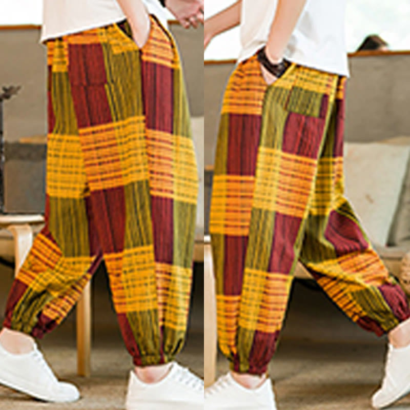 Pantalon sarouel d'été en coton et lin à carreaux et rayures Buddha Stones pour homme avec poches - image 27