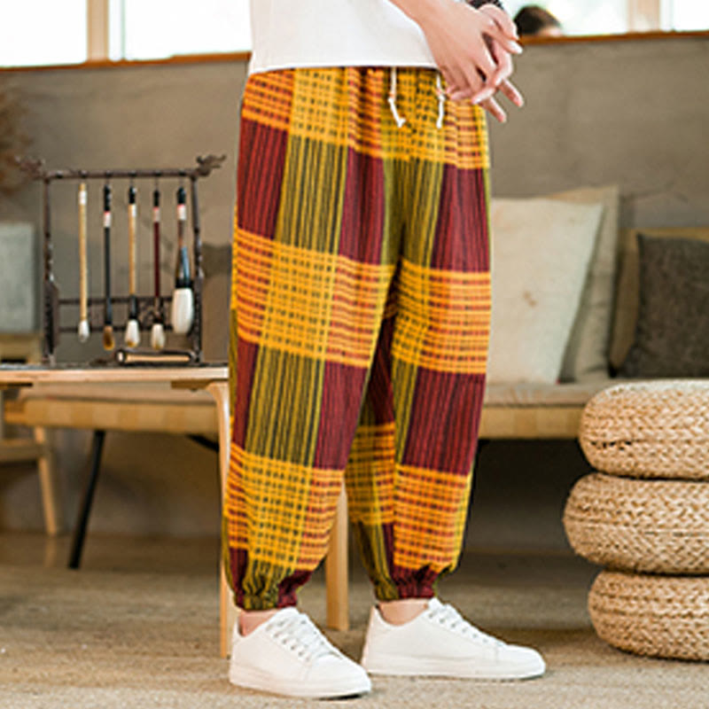 Pantalon sarouel d'été en coton et lin à carreaux et rayures Buddha Stones pour homme avec poches - image 23