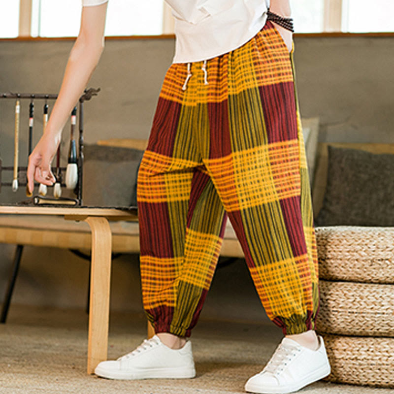 Pantalon sarouel d'été en coton et lin à carreaux et rayures Buddha Stones pour homme avec poches - image 22