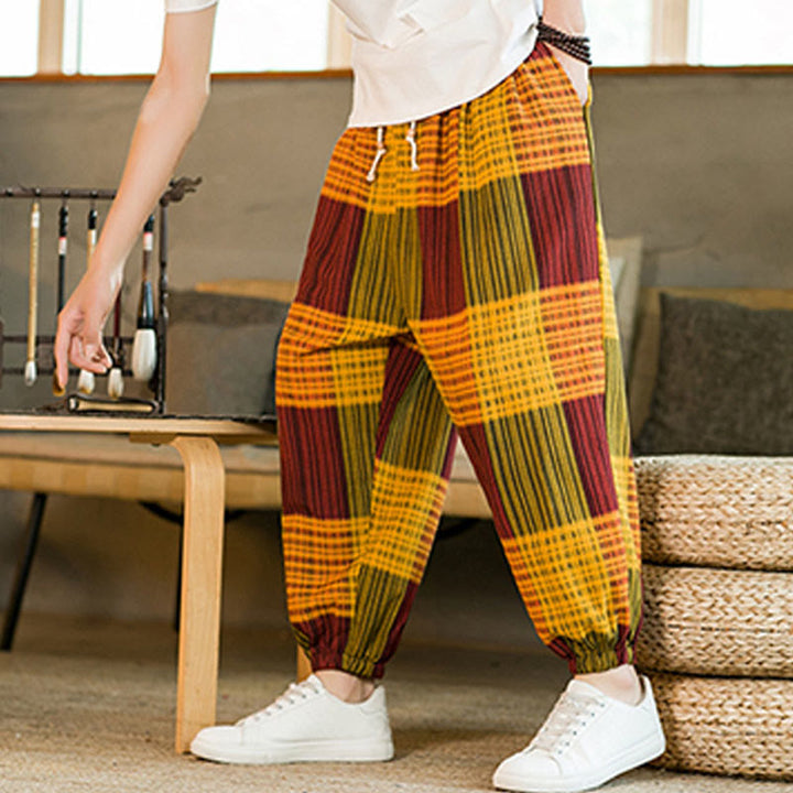 Pantalon sarouel d'été en coton et lin à carreaux et rayures Buddha Stones pour homme avec poches - image 22