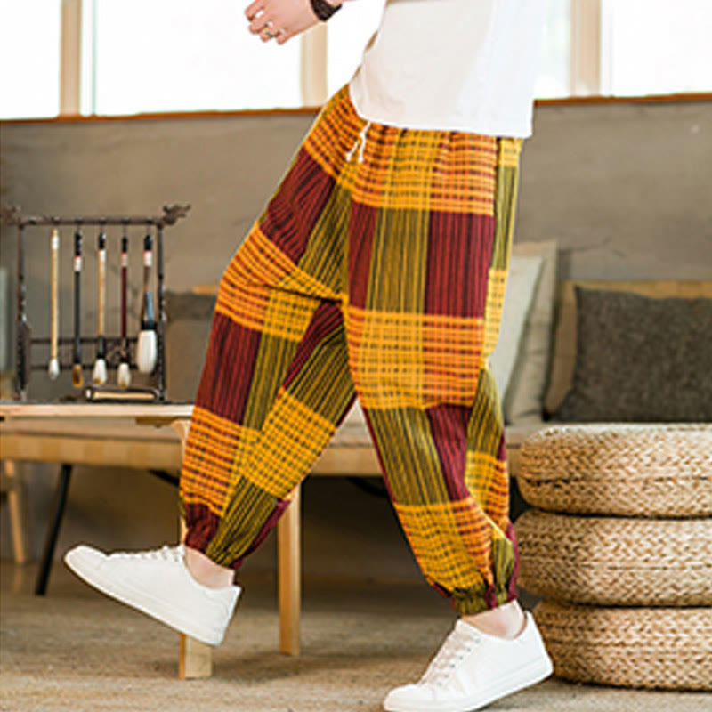 Pantalon sarouel d'été en coton et lin à carreaux et rayures Buddha Stones pour homme avec poches - image 25