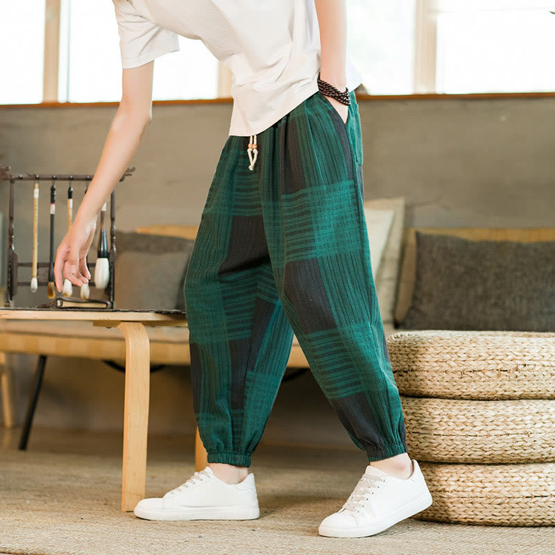 Pantalon sarouel d'été en coton et lin à carreaux et rayures Buddha Stones pour homme avec poches - image 14