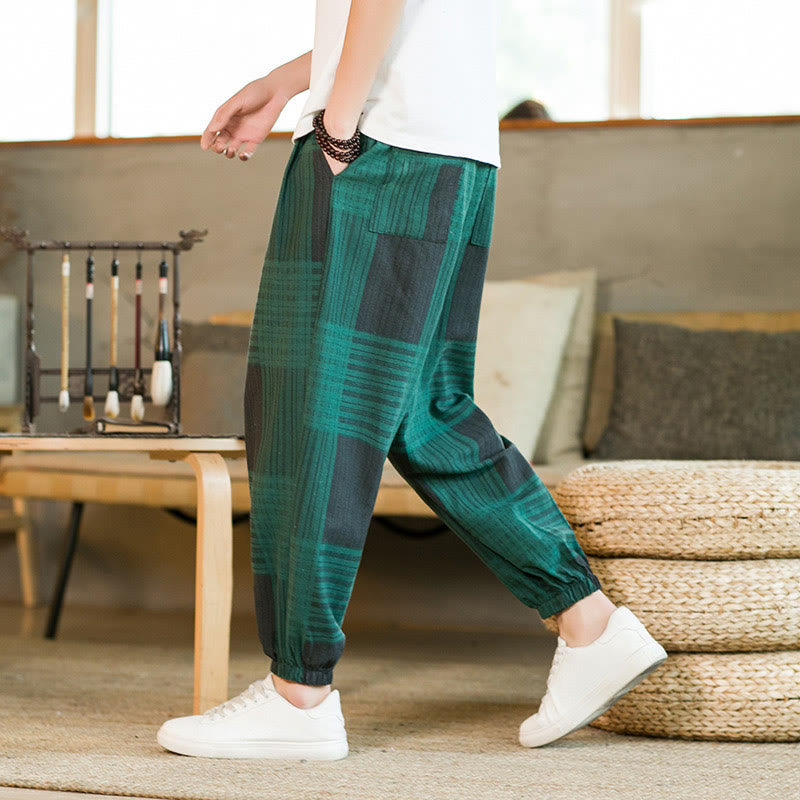 Pantalon sarouel d'été en coton et lin à carreaux et rayures Buddha Stones pour homme avec poches - image 16