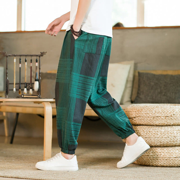 Pantalon sarouel d'été en coton et lin à carreaux et rayures Buddha Stones pour homme avec poches - image 16