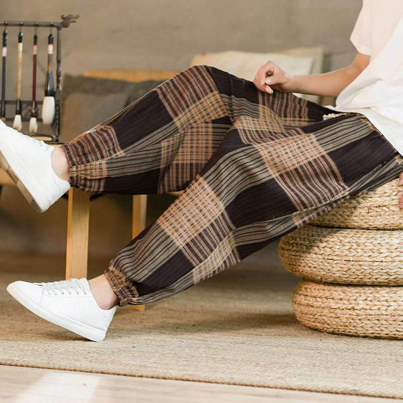 Pantalon sarouel d'été en coton et lin à carreaux et rayures Buddha Stones pour homme avec poches - image 7