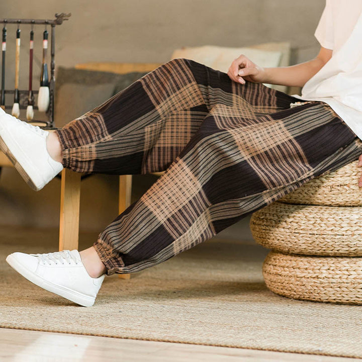 Pantalon sarouel d'été en coton et lin à carreaux et rayures Buddha Stones pour homme avec poches - image 7