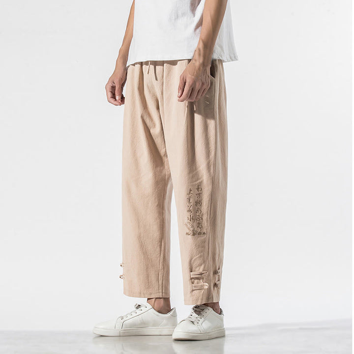 Pantalon d'été en coton et lin pour homme, avec poches, broderie de caractères chinois et Buddha Stones - Blé - US/UK/AU46，EU56 (5XL) - image 9