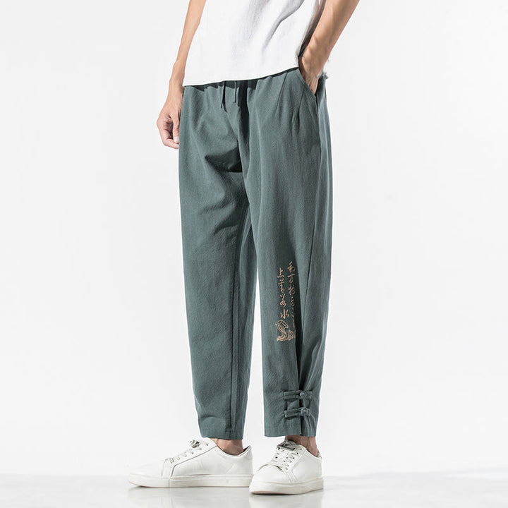 Pantalon d'été en coton et lin pour homme, avec poches, broderie de caractères chinois et Buddha Stones - CadetBlue - US/UK/AU46，EU56 (5XL) - image 20