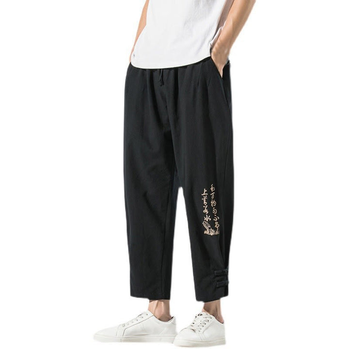 Pantalon d'été en coton et lin pour homme, avec poches, broderie de caractères chinois et Buddha Stones - image 19