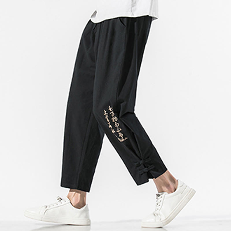 Pantalon d'été en coton et lin pour homme, avec poches, broderie de caractères chinois et Buddha Stones - Noir - US/UK/AU46，EU56 (5XL) - image 0