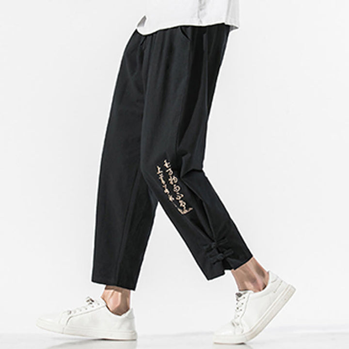 Pantalon d'été en coton et lin pour homme, avec poches, broderie de caractères chinois et Buddha Stones - Noir - US/UK/AU46，EU56 (5XL) - image 0