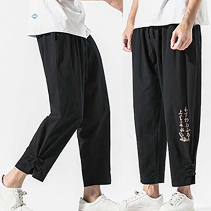 Pantalon d'été en coton et lin pour homme, avec poches, broderie de caractères chinois et Buddha Stones - image 8