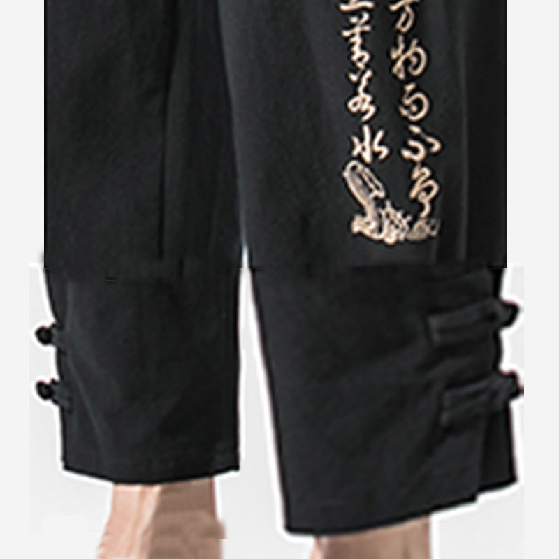 Pantalon d'été en coton et lin pour homme, avec poches, broderie de caractères chinois et Buddha Stones - image 7