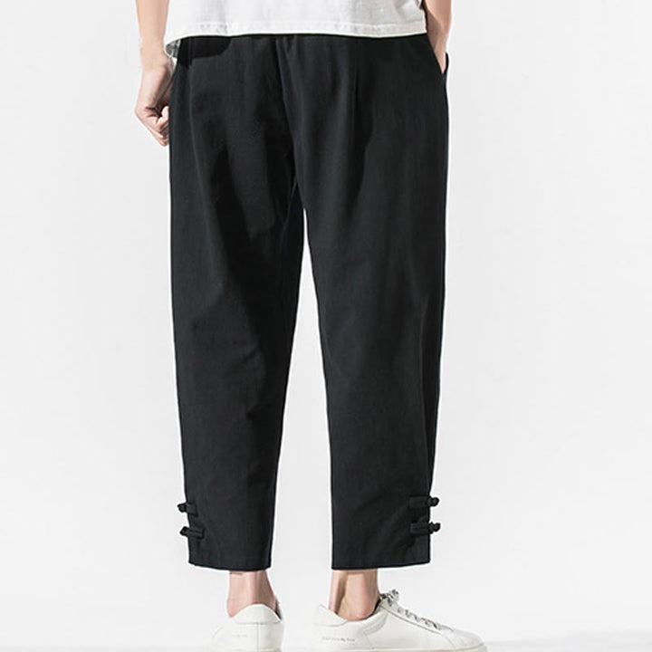 Pantalon d'été en coton et lin pour homme, avec poches, broderie de caractères chinois et Buddha Stones - image 3