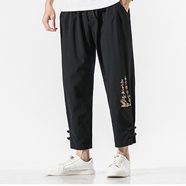 Pantalon d'été en coton et lin pour homme, avec poches, broderie de caractères chinois et Buddha Stones - image 4