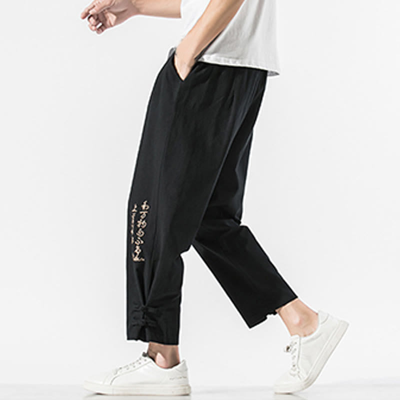 Pantalon d'été en coton et lin pour homme, avec poches, broderie de caractères chinois et Buddha Stones - image 5