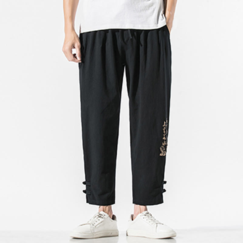 Pantalon d'été en coton et lin pour homme, avec poches, broderie de caractères chinois et Buddha Stones - image 3