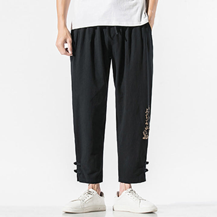 Pantalon d'été en coton et lin pour homme, avec poches, broderie de caractères chinois et Buddha Stones - image 3