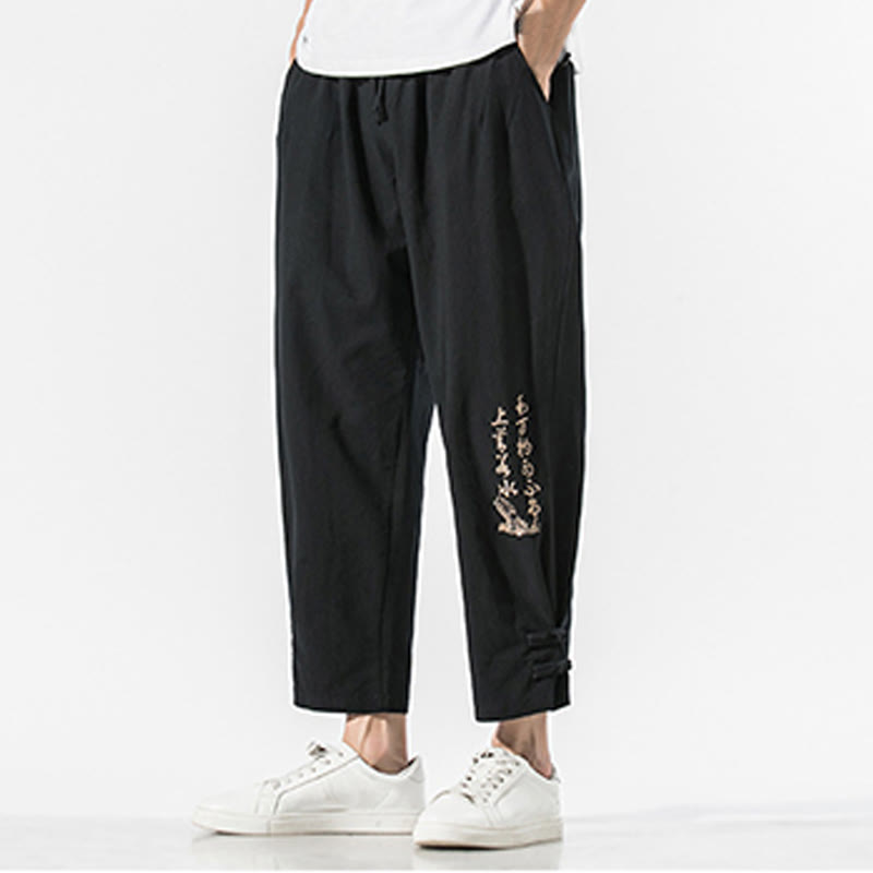 Pantalon d'été en coton et lin pour homme, avec poches, broderie de caractères chinois et Buddha Stones - image 1