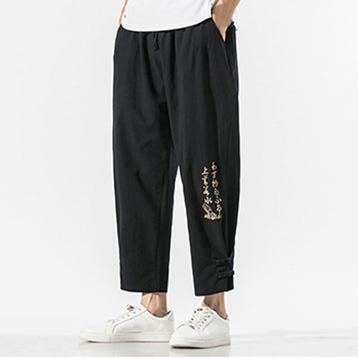 Pantalon d'été en coton et lin pour homme, avec poches, broderie de caractères chinois et Buddha Stones - image 1