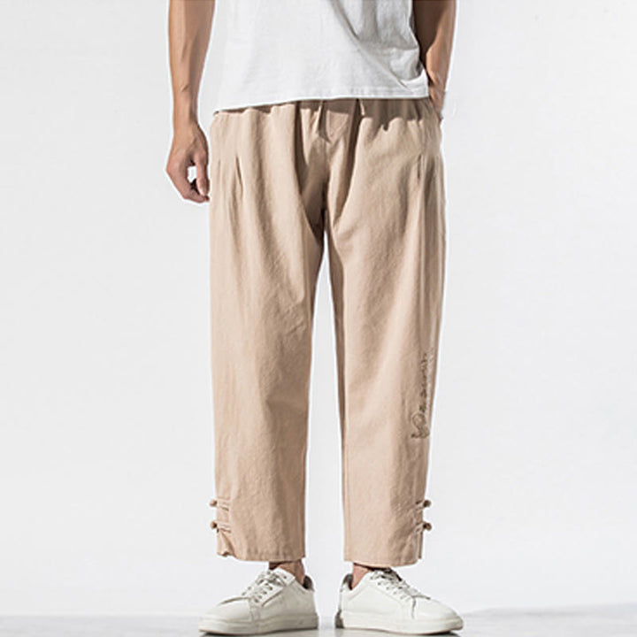 Pantalon d'été en coton et lin pour homme, avec poches, broderie de caractères chinois et Buddha Stones - image 14