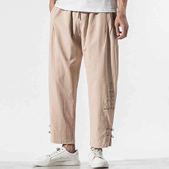 Pantalon d'été en coton et lin pour homme, avec poches, broderie de caractères chinois et Buddha Stones - image 12