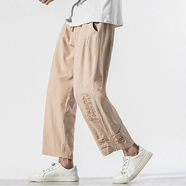 Pantalon d'été en coton et lin pour homme, avec poches, broderie de caractères chinois et Buddha Stones - image 11