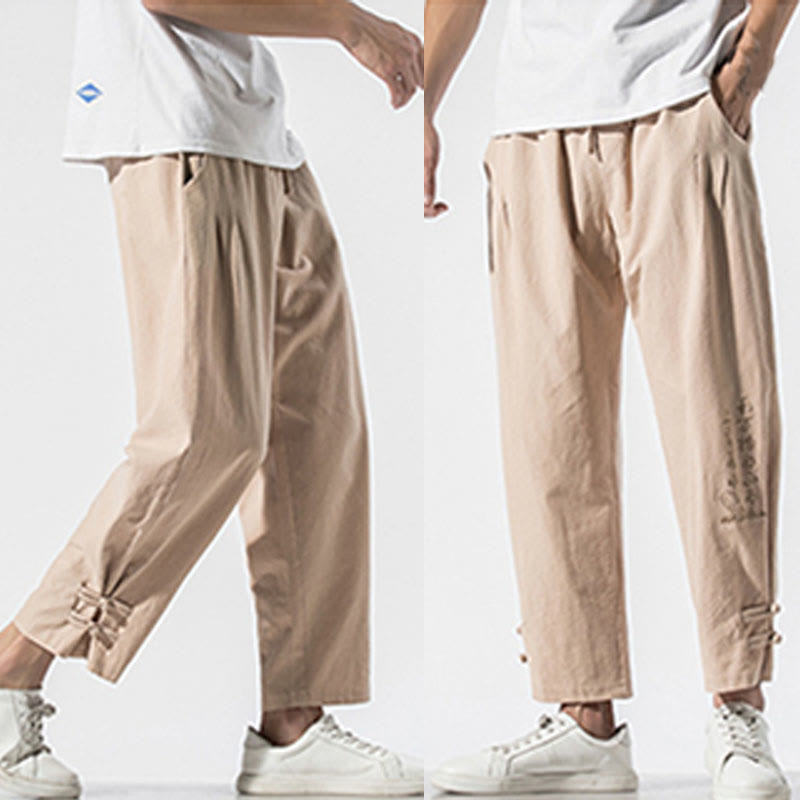 Pantalon d'été en coton et lin pour homme, avec poches, broderie de caractères chinois et Buddha Stones - image 17