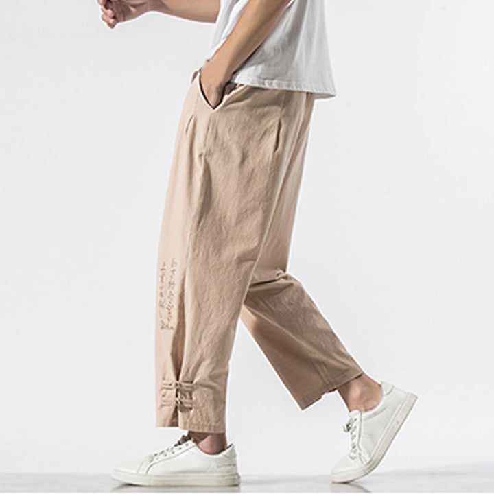 Pantalon d'été en coton et lin pour homme, avec poches, broderie de caractères chinois et Buddha Stones - image 11