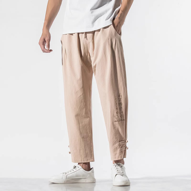 Pantalon d'été en coton et lin pour homme, avec poches, broderie de caractères chinois et Buddha Stones - image 16
