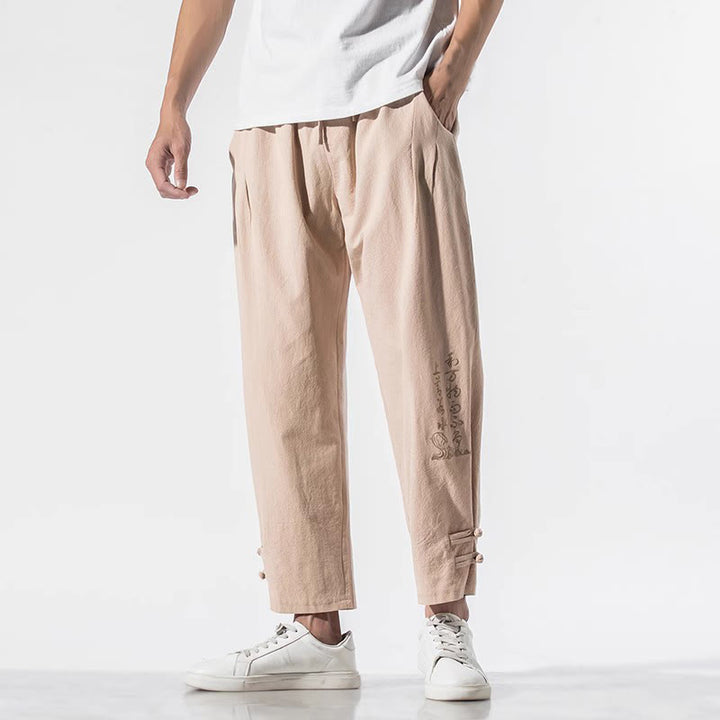 Pantalon d'été en coton et lin pour homme, avec poches, broderie de caractères chinois et Buddha Stones - image 16