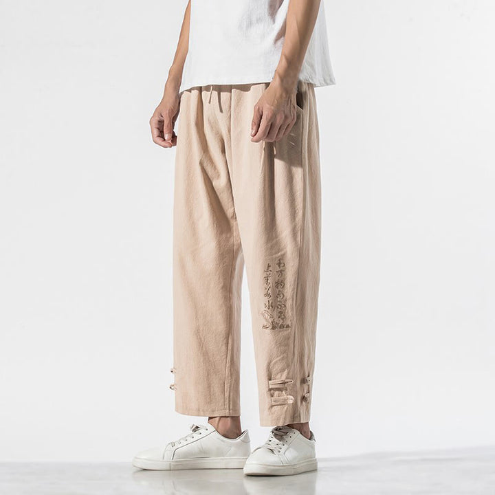 Pantalon d'été en coton et lin pour homme, avec poches, broderie de caractères chinois et Buddha Stones - image 18
