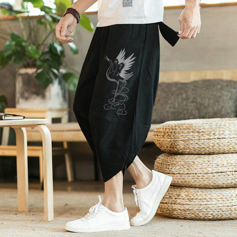Pantalon sarouel en coton et lin pour homme, avec poches , Buddha Stones, grue blanche et nuages brodés, longueur 7-8 - image 2