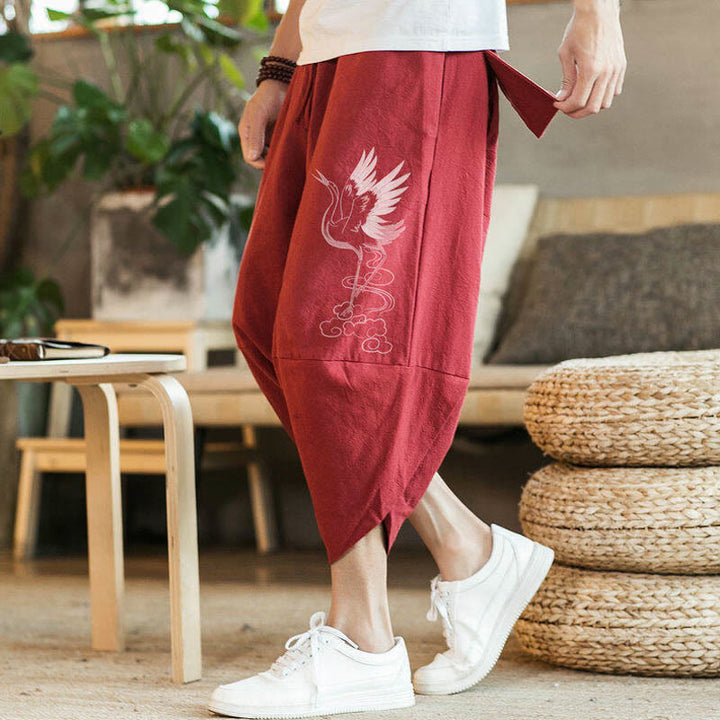 Pantalon sarouel en coton et lin pour homme, avec poches , Buddha Stones, grue blanche et nuages brodés, longueur 7-8 - Rouge - US/UK/AU46，EU56 (5XL) - image 5