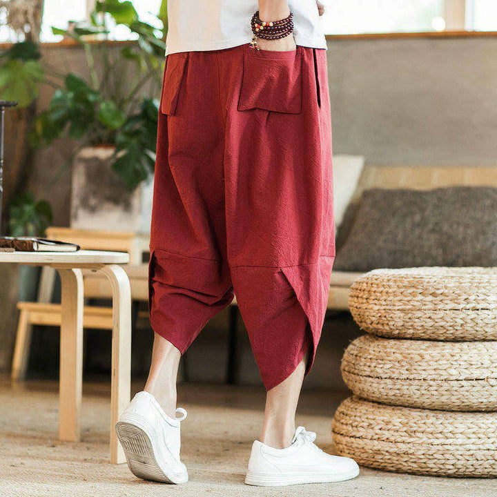 Pantalon sarouel en coton et lin pour homme, avec poches , Buddha Stones, grue blanche et nuages brodés, longueur 7-8 - image 6