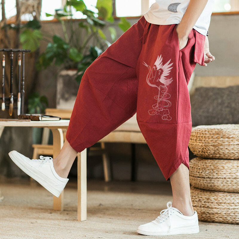 Pantalon sarouel en coton et lin pour homme, avec poches , Buddha Stones, grue blanche et nuages brodés, longueur 7-8 - image 7