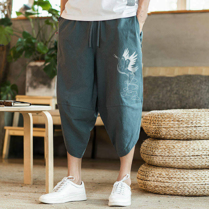 Pantalon sarouel en coton et lin pour homme, avec poches , Buddha Stones, grue blanche et nuages brodés, longueur 7-8 - image 9