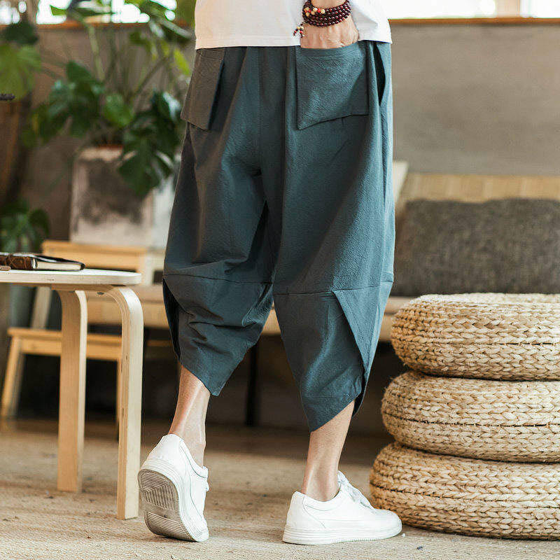 Pantalon sarouel en coton et lin pour homme, avec poches , Buddha Stones, grue blanche et nuages brodés, longueur 7-8 - image 10