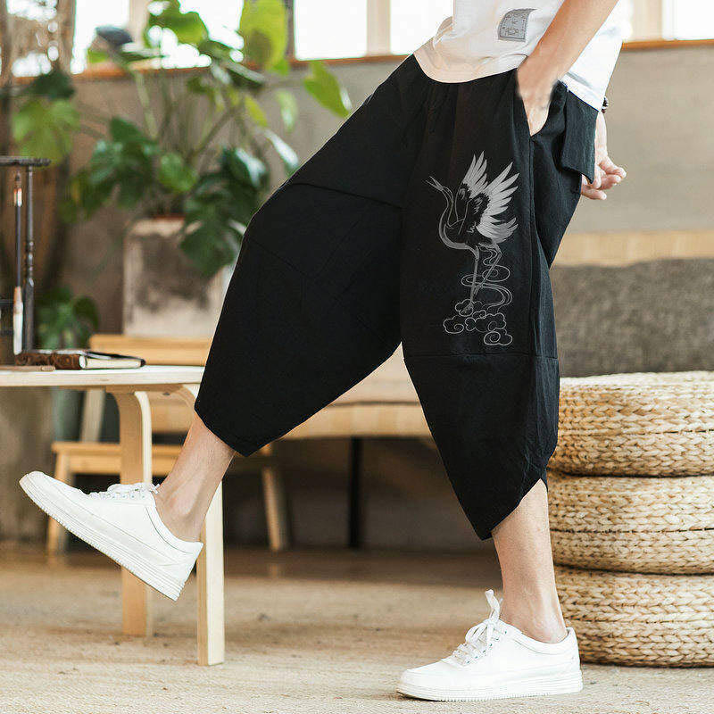Pantalon sarouel en coton et lin pour homme, avec poches , Buddha Stones, grue blanche et nuages brodés, longueur 7-8 - image 4