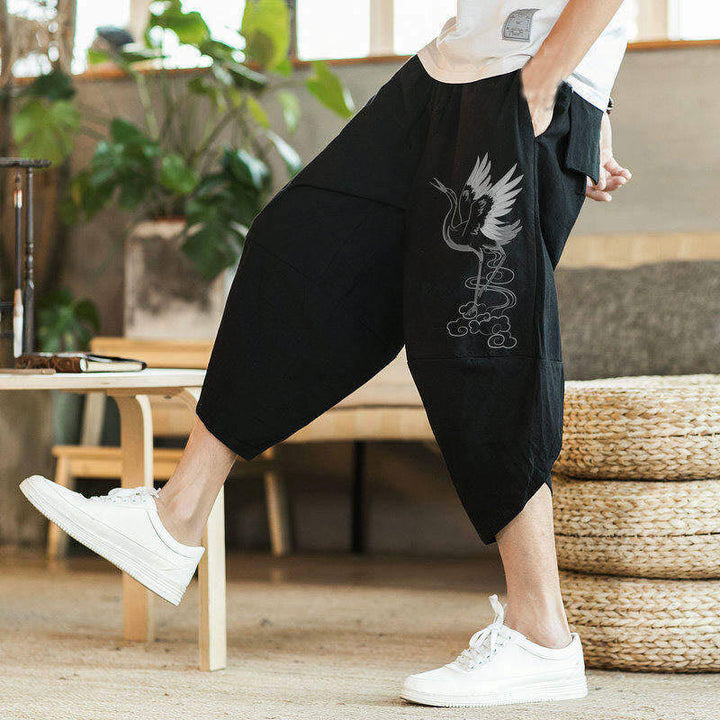 Pantalon sarouel en coton et lin pour homme, avec poches , Buddha Stones, grue blanche et nuages brodés, longueur 7-8 - image 4