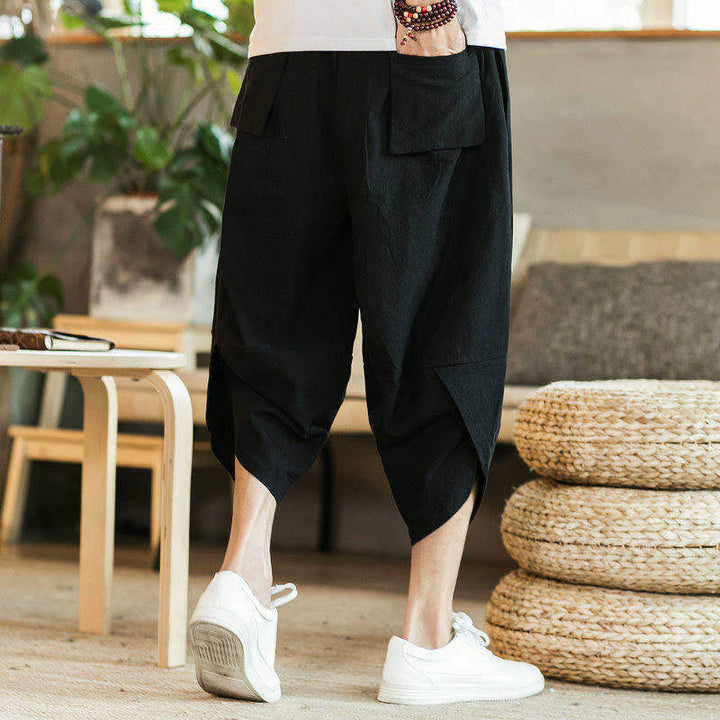 Pantalon sarouel en coton et lin pour homme, avec poches , Buddha Stones, grue blanche et nuages brodés, longueur 7-8 - image 3
