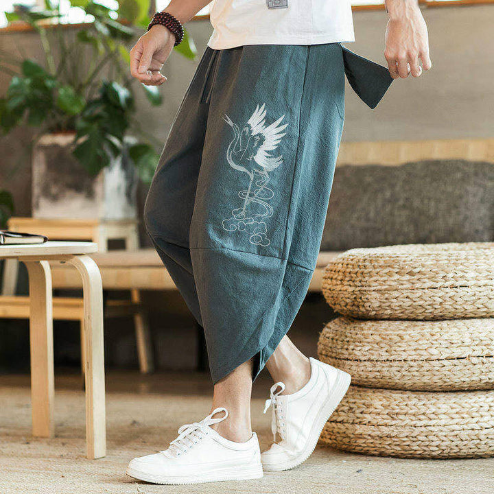 Pantalon sarouel en coton et lin pour homme, avec poches , Buddha Stones, grue blanche et nuages brodés, longueur 7-8 - image 12