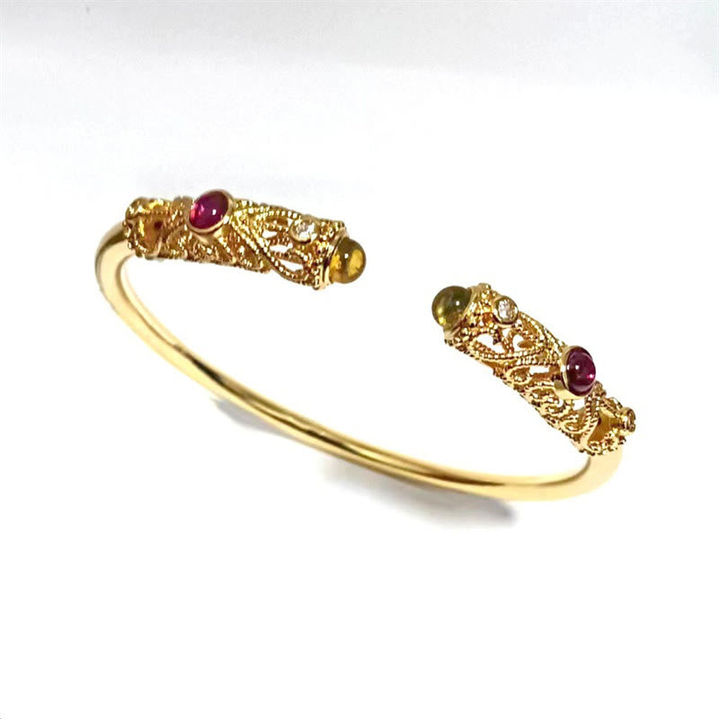 Bracelet manchette porte-bonheur en cuivre et ambre Buddha Stones et motif de fleurs dorées, zircon rouge - image 11