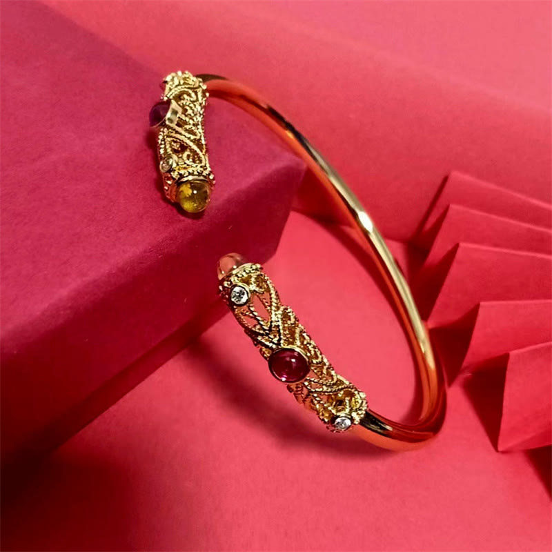 Bracelet manchette porte-bonheur en cuivre et ambre Buddha Stones et motif de fleurs dorées, zircon rouge - image 8