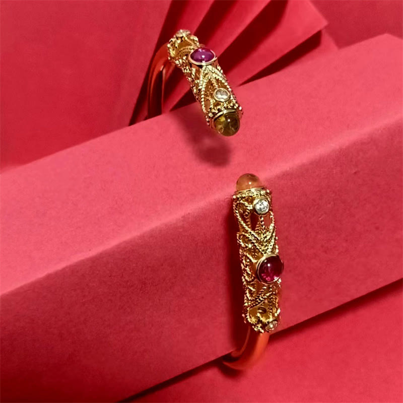 Bracelet manchette porte-bonheur en cuivre et ambre Buddha Stones et motif de fleurs dorées, zircon rouge - image 10