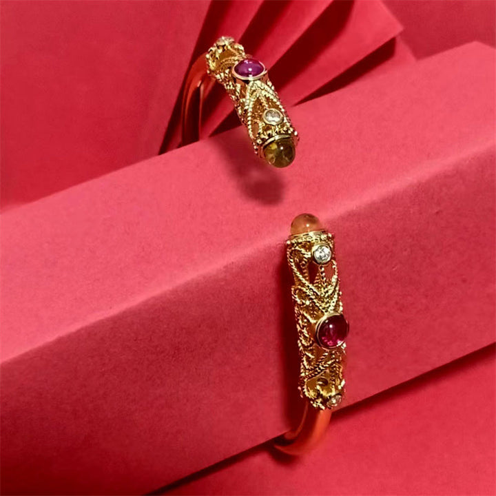 Bracelet manchette porte-bonheur en cuivre et ambre Buddha Stones et motif de fleurs dorées, zircon rouge - image 10