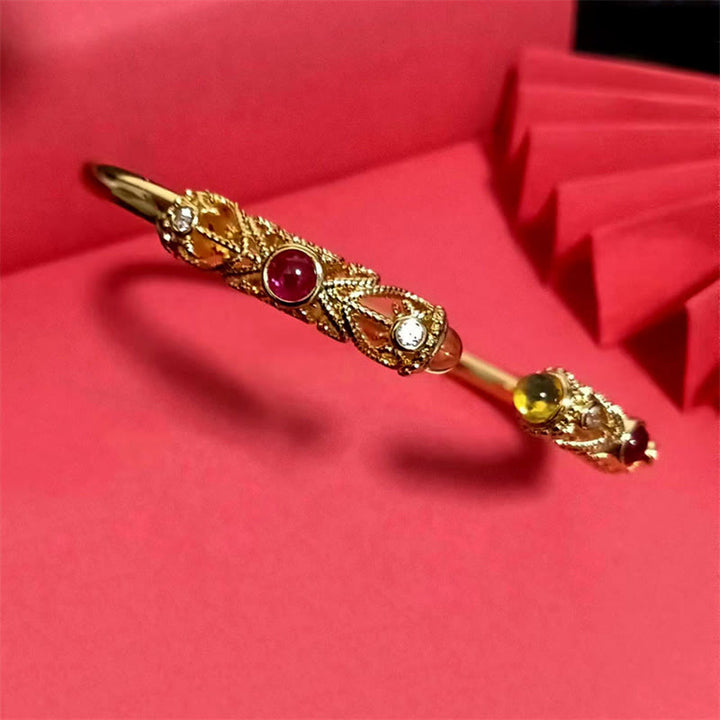 Bracelet manchette porte-bonheur en cuivre et ambre Buddha Stones et motif de fleurs dorées, zircon rouge - image 9