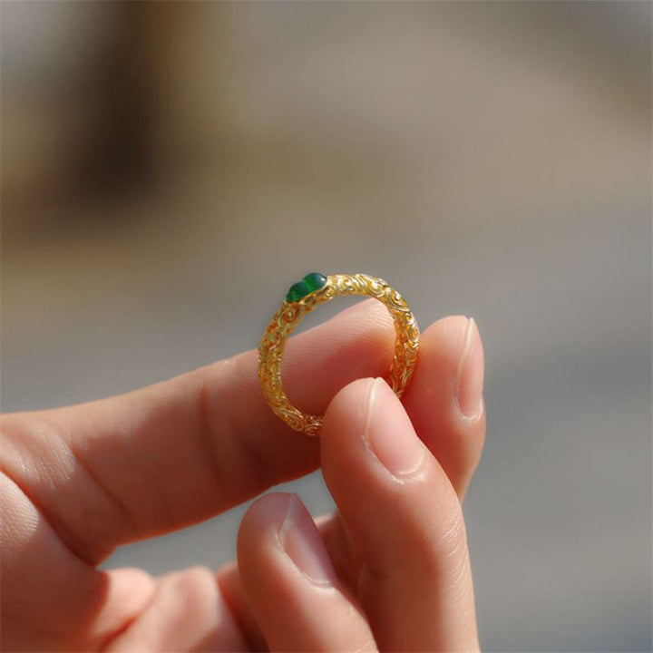 Bague de richesse en alliage de cuivre et calcédoine verte avec Buddha Stones vintage - image 12