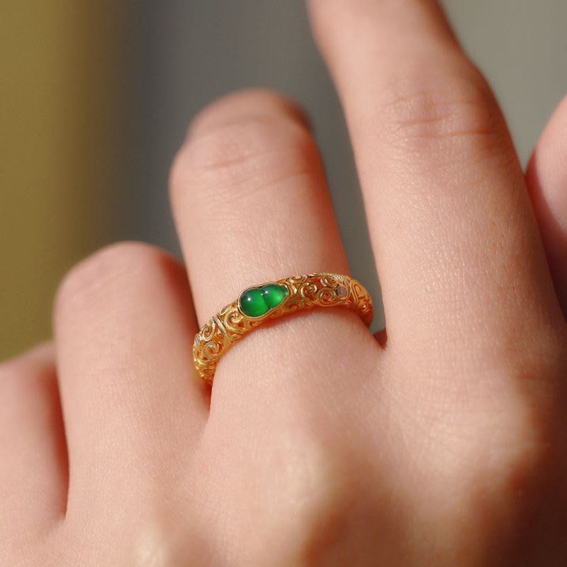 Bague de richesse en alliage de cuivre et calcédoine verte avec Buddha Stones vintage - image 13